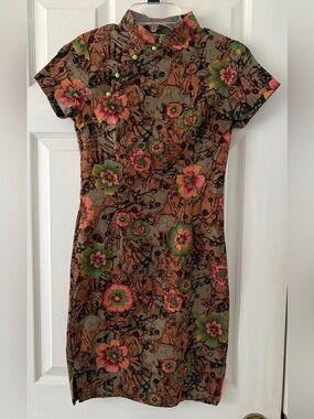 Floral Mandarin-Collar Midi Dress in Brown with Pink & Green Accents